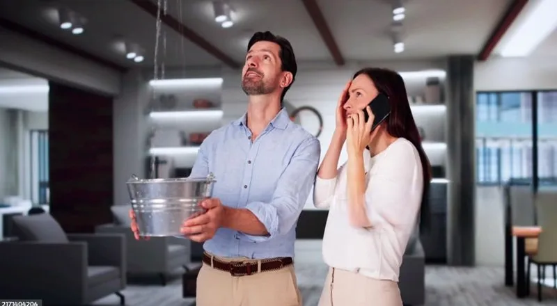a man holding a bucket under a leaking ceiling and a woman calling on her mobile looking worried. emergency roofing